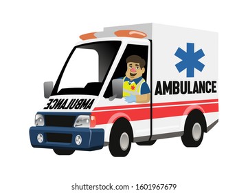 cartoon set of paramedic and the ambulance