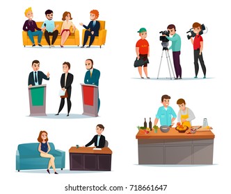 Cartoon Set With Participants In Various Talk Show Isolated On White Background Vector Illustration