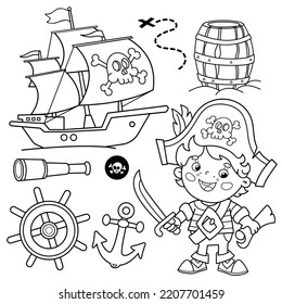 Cartoon set for party for kids. Pirate ship with skull in sea. Little pirate with map of treasure. Coloring book for kids.