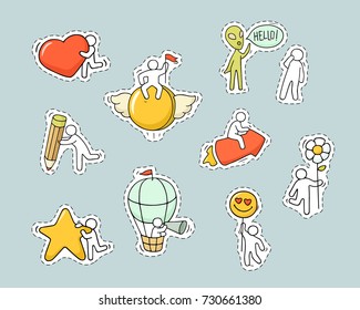 Cartoon set of patch badges, pins with little people. Hand drawn vector stickers with alien, arrow, star, flower, pencil. 