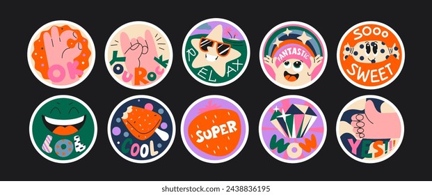 Cartoon set of patches, stickers, stamps in retro doodle style of the 90s. Various phrases, vector shapes, funky groovy stickers. Trendy bright promo labels