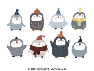 cartoon set of penguin. colorful vector illustration, flat style. design for cards, print, posters, logo, cover