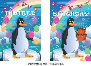 Cartoon Set of Penguin Invitations for celebrating happy birthday and holidays with penguin, balloons in underwater world, vector illustration