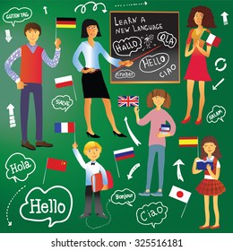 Cartoon set of people. Children, men, women, teacher at the blackboard. Learning foreign languages. Flags of different countries, arrows, bubbles with greetings in different languages.