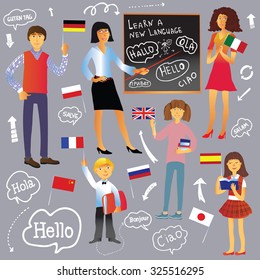 Cartoon set of people. Children, men, women, teacher at the blackboard. Learning foreign languages. Flags of different countries, arrows, bubbles with greetings in different languages.
