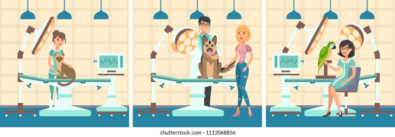 Cartoon set people with pets in examination room of veterinary clinic. Cat, German shepherd and parrot at reception to veterinarian. Vector illustration. Clipart.