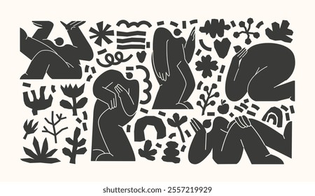 Cartoon set of people silhouettes and doodles. Various figures, abstract shapes and stickers, black monochrome shapes. Vector set of hand drawn bubble illustrations