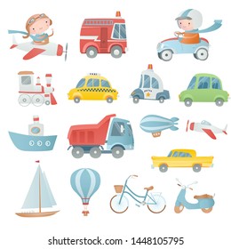 Cartoon set with  a pilot, a driver and transport.