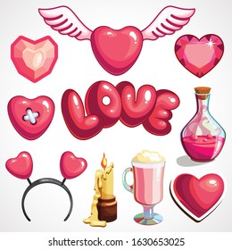 Cartoon set with pink attributes for Valentine s Day. Vector illustration.