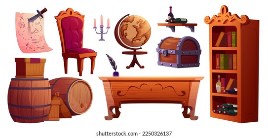 Cartoon set of pirate cabin furniture isolated on white background. Vector illustration of antique wooden desk, chair, bookcase, treasure chest and map, rum barrels, wine bottles on shelf, globe