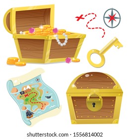 Cartoon set for pirate party for kids. Treasure chest. Pirate coffer with gold and jewels. Closed coffer with lock. Golden key. Treasure map. Color images on a white background. Vector illustration.