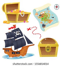 Cartoon set for pirate party for kids. Pirate ship. Sailboat with black sails with skull in sea. Treasure chest. Pirate coffer with gold and jewels. Closed coffer with lock. Golden key. Treasure map. 