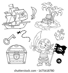 Cartoon set for pirate party for kids. Pirate ship with skull in sea. Pirate with black flag.Treasure chest. Closed coffer with lock. Golden key. Island of treasure. Coloring book for kids.