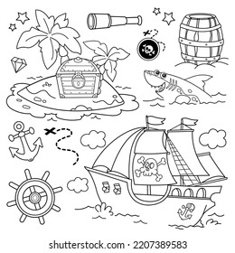 Cartoon set for pirate party for kids. Pirate ship with skull in sea. Treasure chest. Closed coffer with lock. Island of treasure and shark. Coloring book for kids.