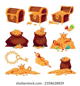 Cartoon set of pirate treasures chests and sacks with gold and jewels isolated vector illustration