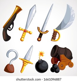 Juego de caricaturas de medievalismo con armas piratas. Ilustración vectorial.