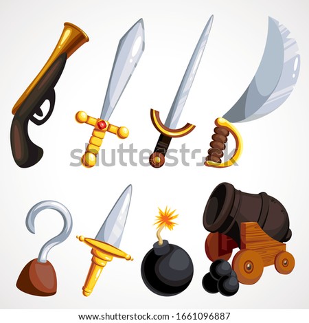 Cartoon set of pirate weapons mediaevalism. Vector illustration.