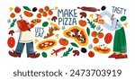 Cartoon set pizza men and pizza. Stickers of Italian cuisine cooking pizza, a national dish. Pizza makers bakers characters and trendy food stickers in 90s doodle groovy style