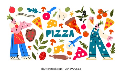 Cartoon set pizzas homens e pizza. Adesivos da cozinha italiana cozinhar pizza, um prato nacional. Pizzeiros padeiros personagens e adesivos de comida na moda em estilo groovy de doodle 90s