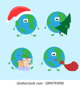 Cartoon set of the planet Earth celebrating Christmas .. Vector illustration.