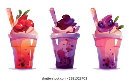 Cartoon set of plastic cups of bubble tea with straw. Vector illustration of colorful cocktails decorated with whipped cream, cranberries, chocolate, brambles and mint leaves. Trendy japanese beverage