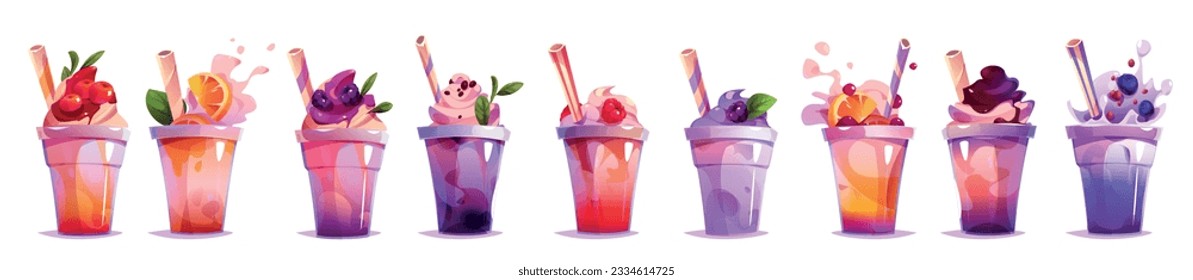 Cartoon set of plastic cups of milkshake with straw. Vector illustration of colorful cocktails decorated with whipped cream, cranberries, chocolate, brambles, orange, blueberry. Summer beverages