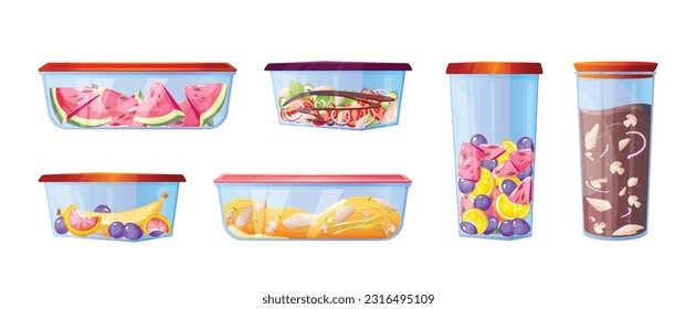 Cartoon set of plastic food containers isolated on white. Vector illustration of hermetic lunch boxes, kitchenware for preservation of takeout meal, fresh fruit, vegetable salad, spaghetti, soup