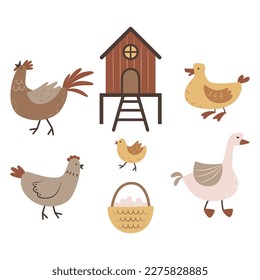 Cartoon set of poultry. A chicken coop and a basket with eggs. Various birds for the farm, ranch, household. Chicken, rooster and chicken. Duck and goose.