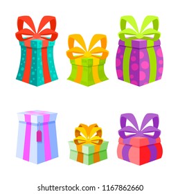 Cartoon set of presents, gifts, vector objects illustration isolated on white background, 3d objects