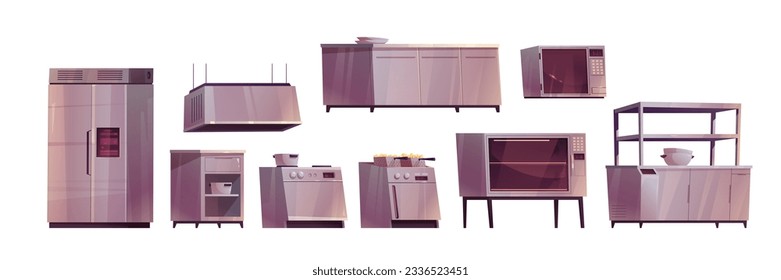 Cartoon set of professional kitchen equipment and furniture isolated on white background. Vector illustration of stainless steel fridge, oven, microwave, cooker hood, table, deep fryer, pans, plates