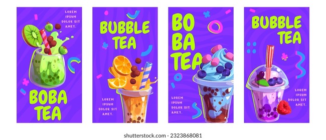 Cartoon set of promo banners for bubble tea menu. Vector illustration of colorful cafe posters, cups of appetizing fruit, berry, chocolate, cocktails, boba drinks with straws. Trendy japanese beverage