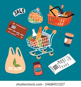 Cartoon set of purchased products and shopping equipment.Trolley for goods on wheels, grocery basket with handles ,eco-friendly package,bank card and sales receipt.Vector design for banner template.