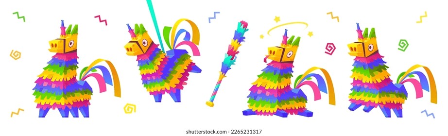 Cartoon set of rainbow unicorn pinata and bat isolated on white background. Vector illustration of funny color paper accessory for traditional birthday surprise party fun. Swinging animation set