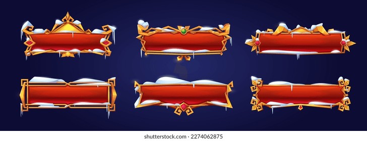 Cartoon-Set von roten Spielknöpfen in goldenem Rahmen, bedeckt mit Schnee einzeln auf Hintergrund. Vektorgrafik von Rechteck-Gui-Design-Elementen mit Edelmetallverzierung und Edelsteindekoration