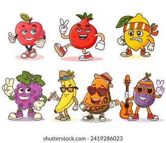 Cartoon set of retro groovy characters. Funny fruits vector illustartions.Trendy 70s cartoon style.