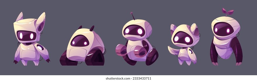 Cartoon set of robot characters isolated on background. Vector illustration of futuristic ai cyborgs with wheels, tracks, wires, led light eyes on screen face and arms. Modern technology development