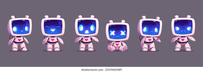 Cartoon set of robots with different emotions. Vector illustration of happy, sad, angry, surprised chatbot sitting and standing. Funny ai character for education. Communication technology mascot