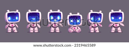 Cartoon set of robots with different emotions. Vector illustration of happy, sad, angry, surprised chatbot sitting and standing. Funny ai character for education. Communication technology mascot