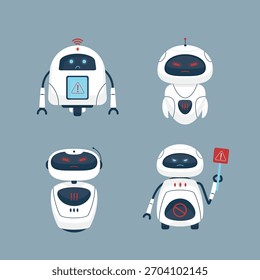 Conjunto de desenhos animados de robôs com diferentes emoções negativas. Infeliz, triste, irritado, surpreso chatbot em pé. Personagem ai engraçado com erros ou erros. Mascote de comunicação. ilustração vetorial plana