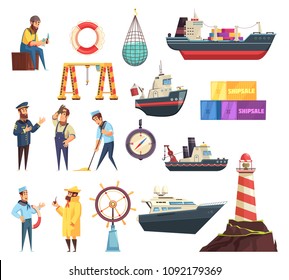 Cartoon set of sailors, captain, ships and nautical elements including helm, beacon, fishing net isolated vector illustration