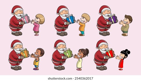 Conjunto de desenhos animados, Papai Noel Dando um Presente para as crianças