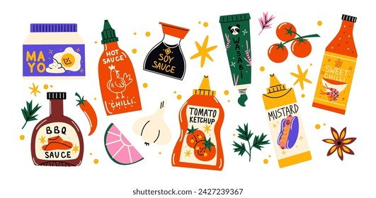 Cartoon set of sauces and dressings. Mayonnaise, barbecue, ketchup,mustard, soy sauce. Vector set of food design. Various bottles  hand drawn.