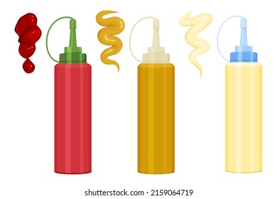 Cartoon set of sauces in plastic bottle and with splashes. Bottle with mayonnaise, ketchup and mustard. Vector jar isolated on a white background for app, games, banner, menu fast food restaurants.