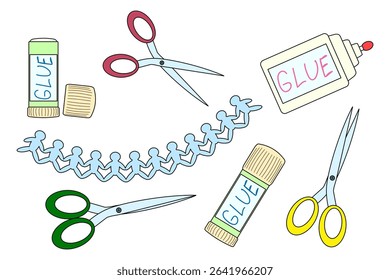 Cartoon set school supplies set with glue sticks, scissors and paper people cutouts on white background. For back to school stationery concept, education visual, educational theme, or classroom decor.