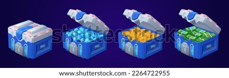 Cartoon set of sci-fi treasure boxes isolated on background. Vector illustration of closed and open futuristic chest full of diamonds, golden coins and money cash. Game props. Gui design elements