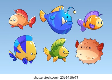 Cartoon set of sea fish isolated on background. Vector illustration of cute colorful underwater inhabitants, clownfish, goldfish, pufferfish, anglerfish, deep ocean animals, aquarium design elements