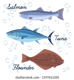 Cartoon set of sea fish. Vector isolated icons of fish and bubbles. Salmon, tuna and flat fish.