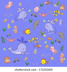 Cartoon set with sea live, animals set. Flowers. 