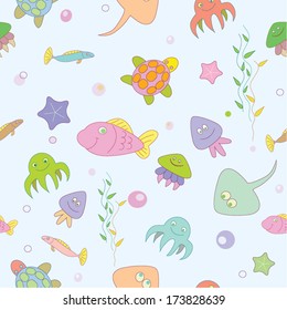 Cartoon set with sea live. Copy that square to the side and you'll get seamlessly tiling pattern which gives the resulting image. Endless texture for printing onto fabric and paper or scrap booking. 