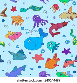 Cartoon set with sea live. Copy and you'll get seamlessly tiling pattern which gives the resulting image the ability to be repeated or tiled without visible seams.